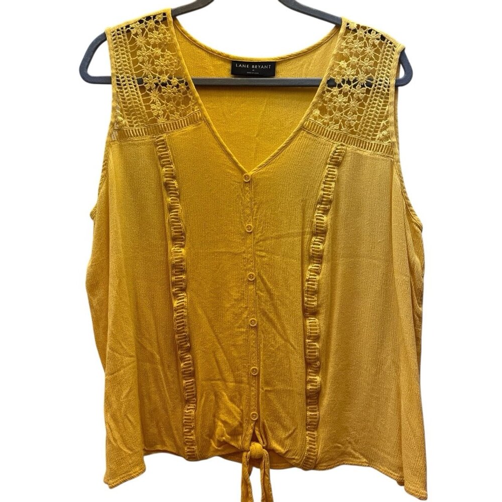 Lane Bryant Crochet Shoulder V-neck Button up Crinkle Yellow Tank Top Size 18